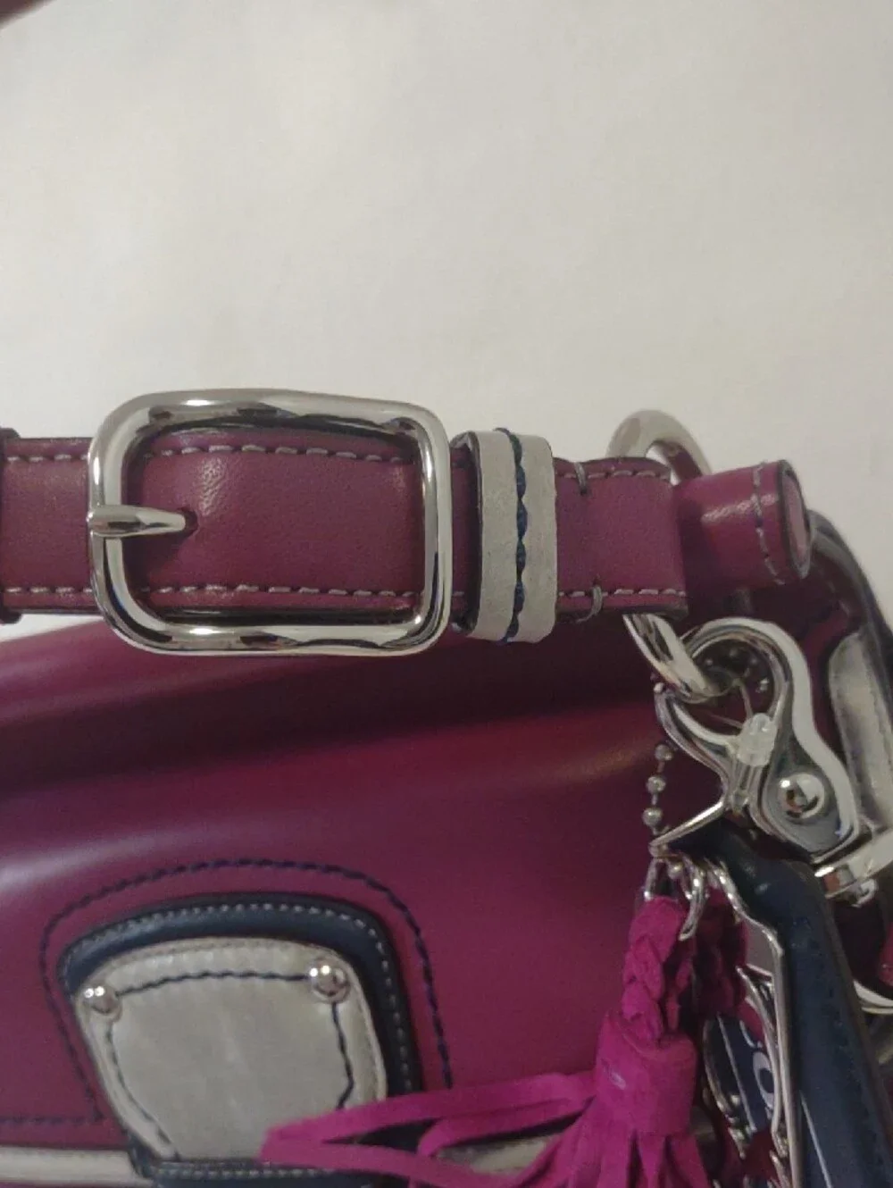 COACH Plum Leather Satchel with Contrast Trim and Tassel